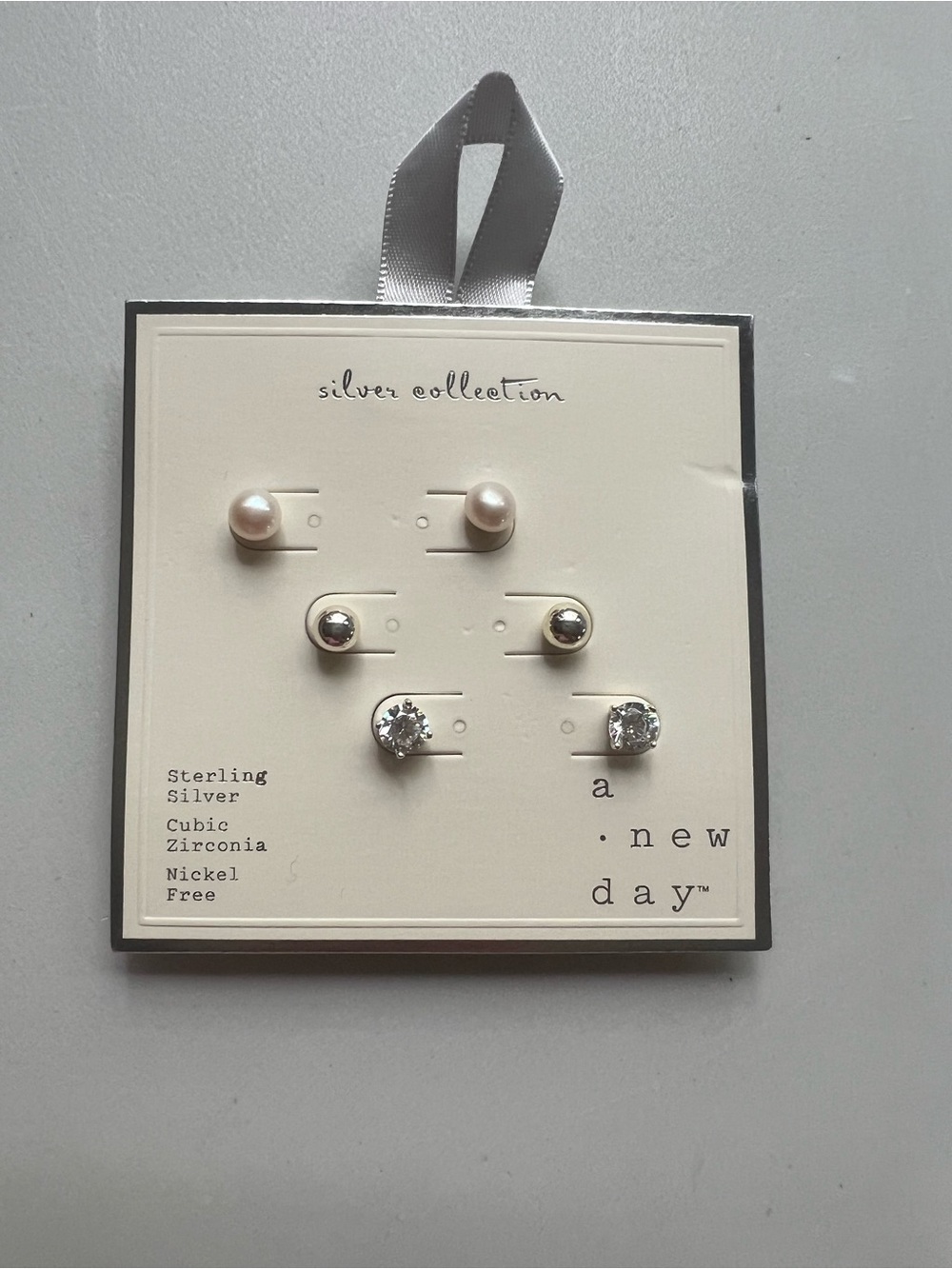 a new day Pearl, Silver and Clear Cubic Zirconia 3-Pair Earring Set